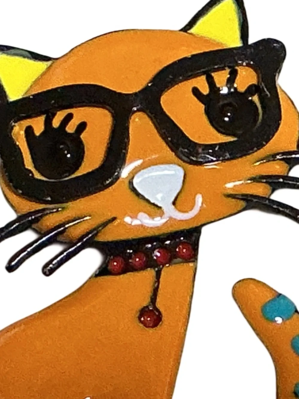Orange Cat Brooch, Whimsicaal with Glasses, Enamel, Cute, Sitting Curled Up Tail